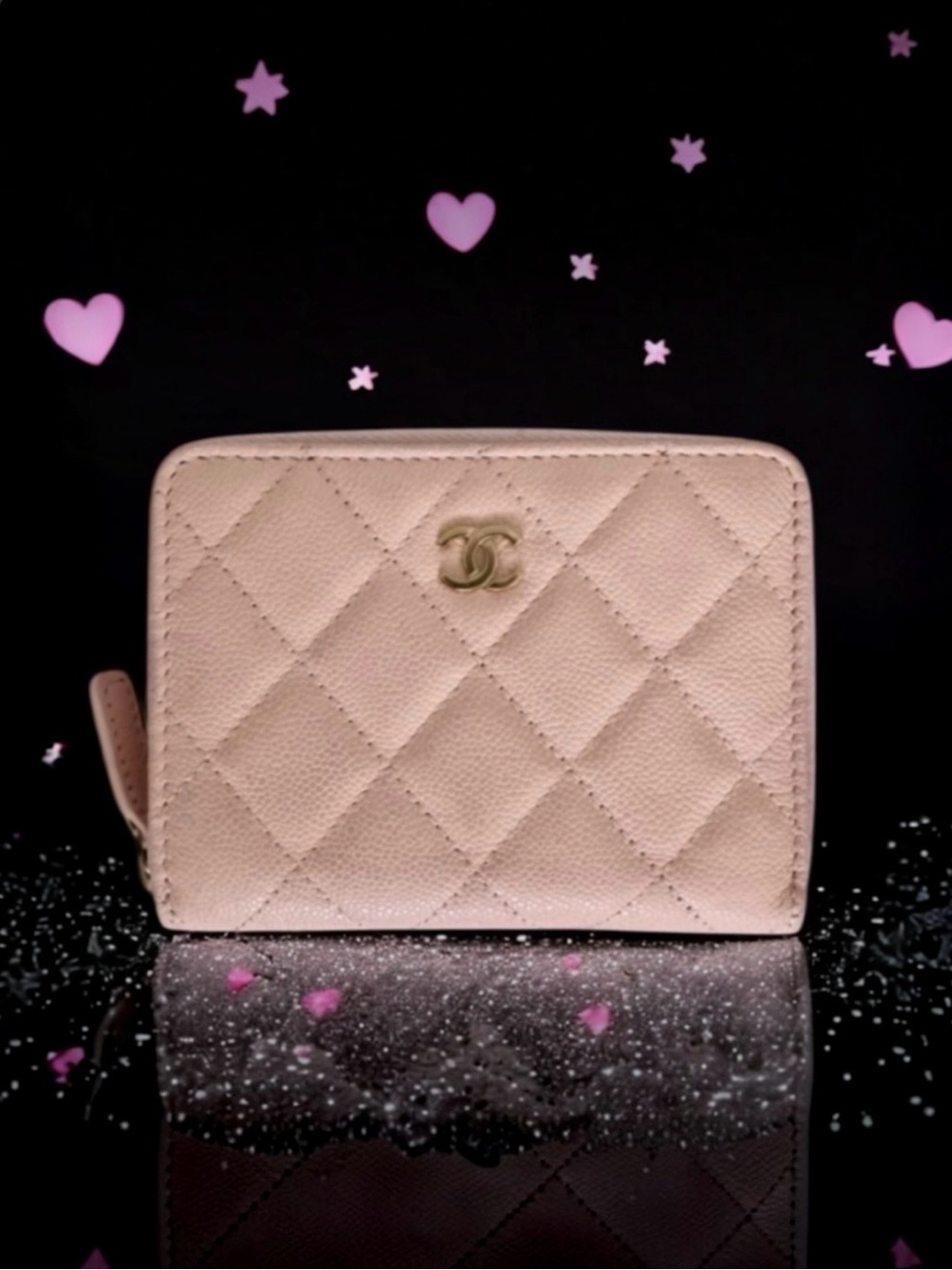 🆕🩷CHANEL LIGHT PINK Zipped Card Wallet Purse Shiny Grained Calfskin (CAVIAR) GHW